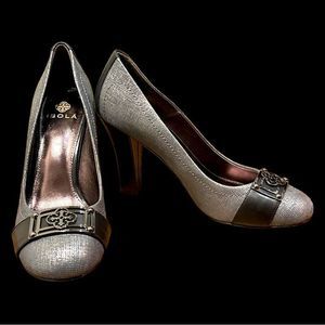 Isola High heels, size 8.5, New, Black and Pewter with Gun Metal Buckle